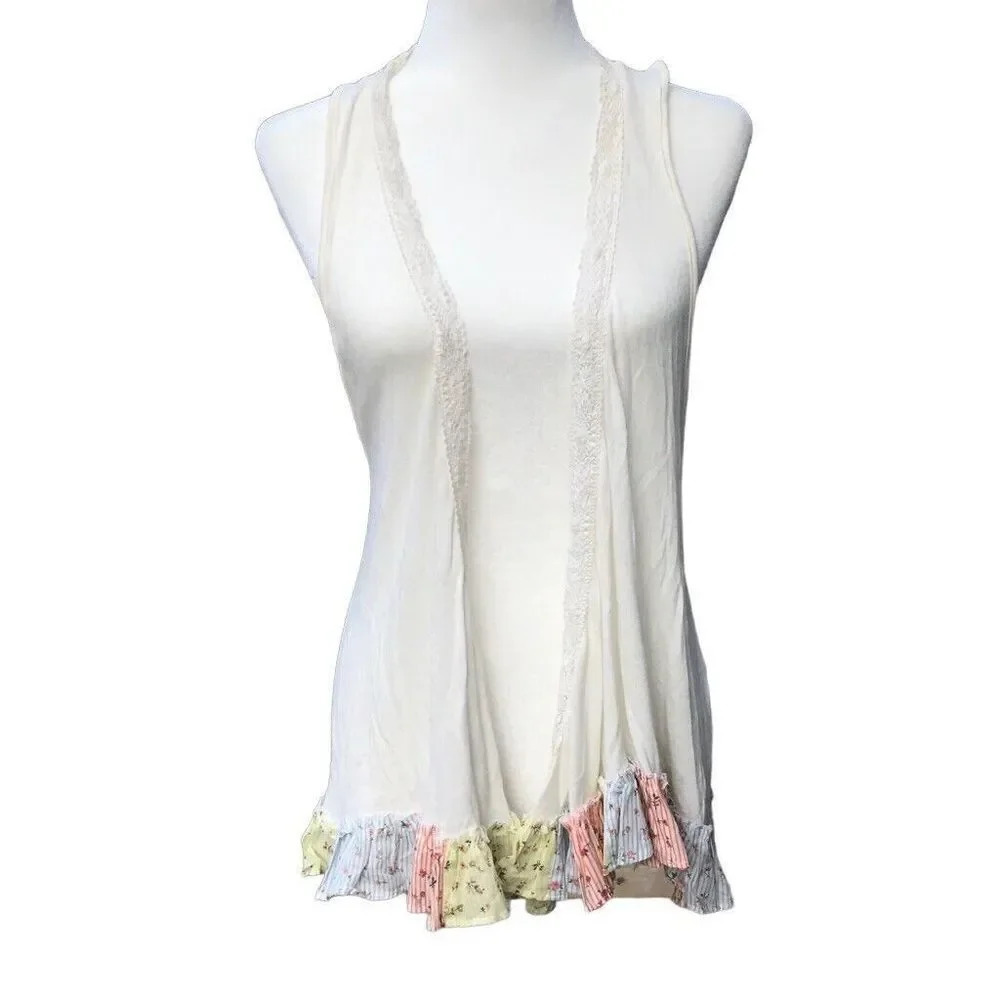 FARM RIO White Ruffle Bottom Open Cardigan Sweater Vest Women’s Size Small +FLAW